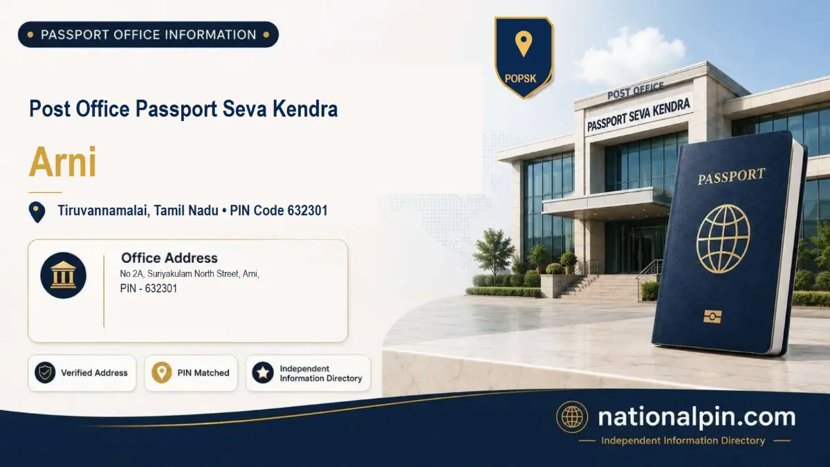 Post Office Passport Seva Kendra Arni, Tiruvannamalai, Tamil Nadu, PIN Code 632301